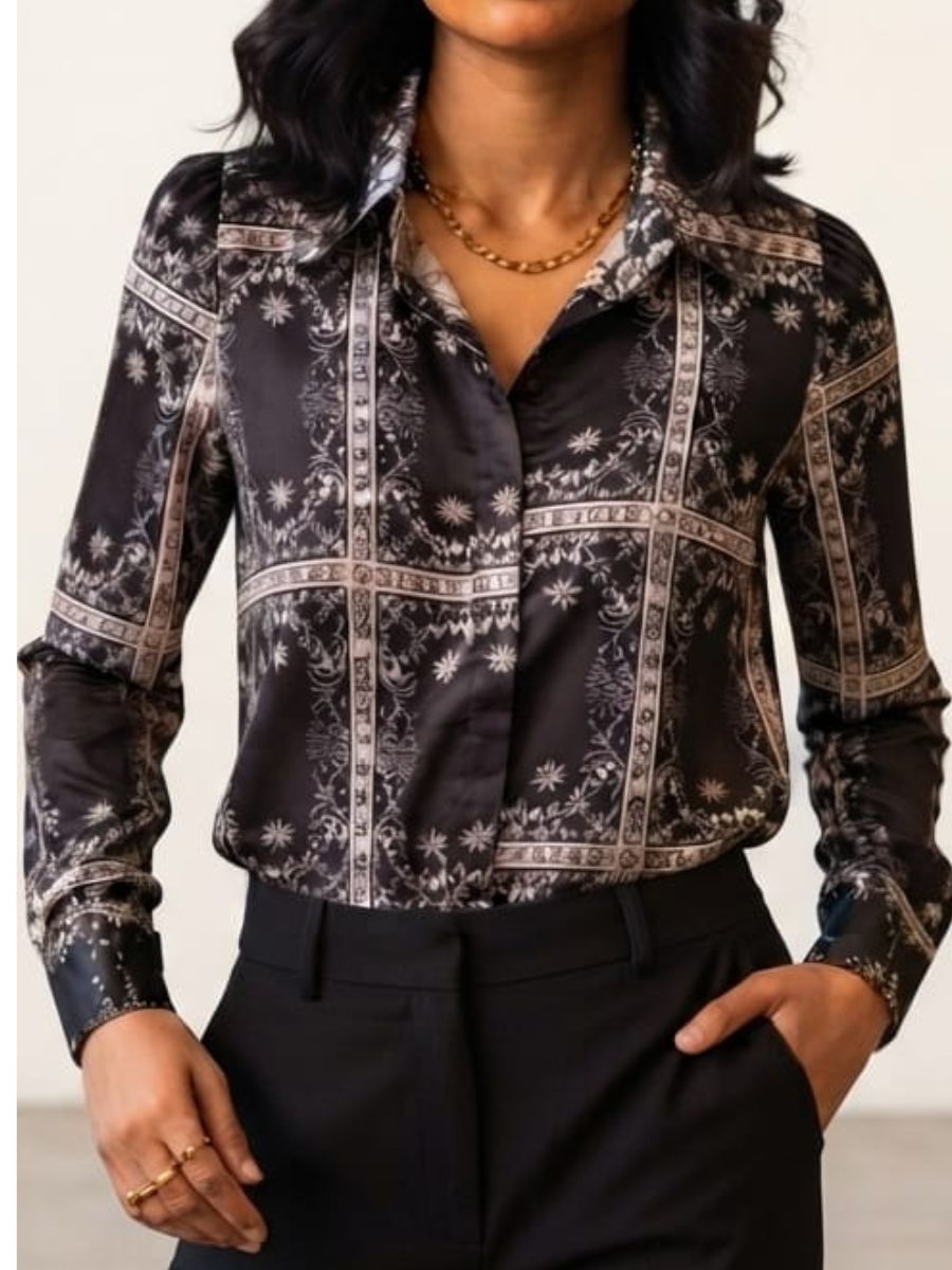 ModaFesta -black flawer printed satin shirt